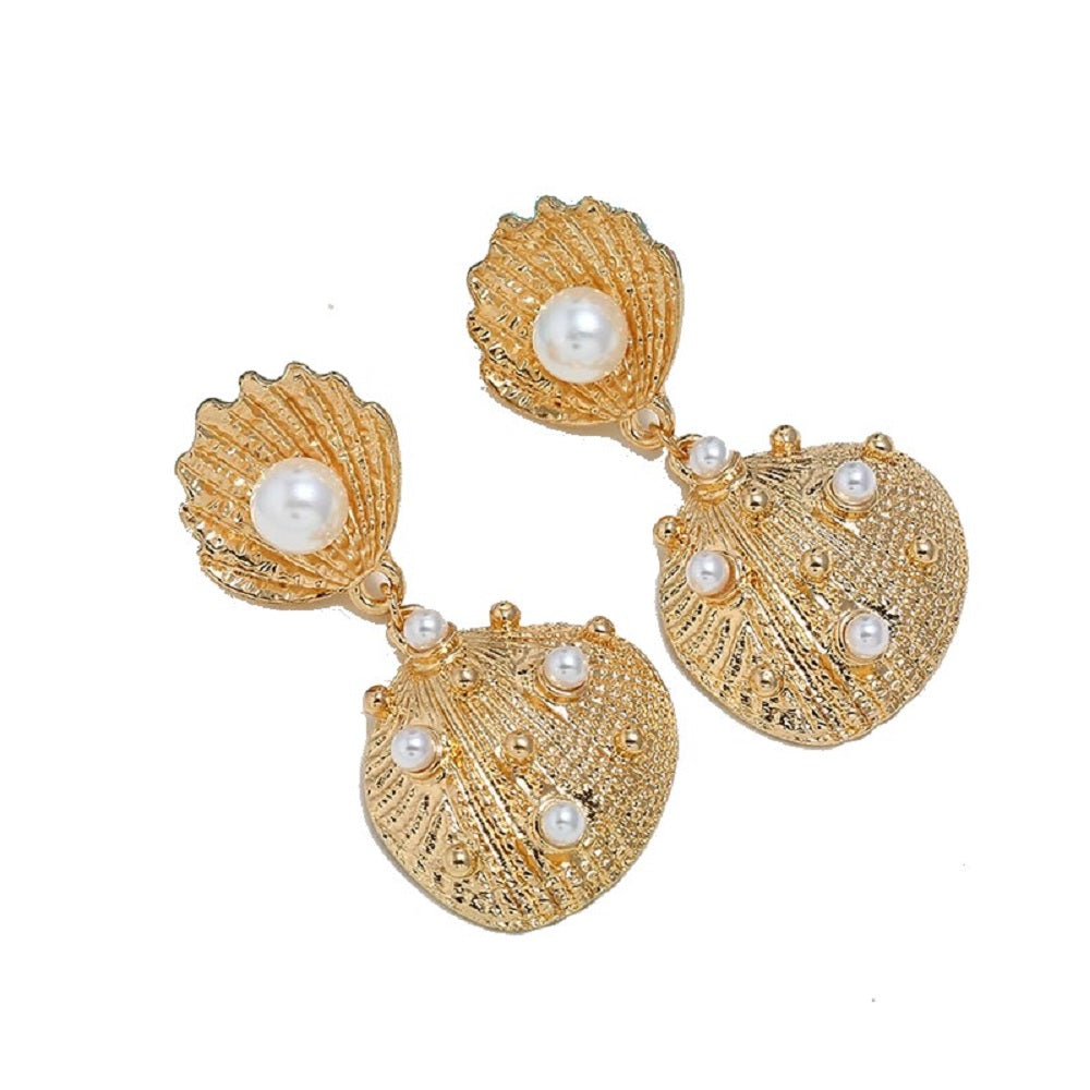 Damen Gold See Stern Doppel Muschel Einlage Faux Perlen Hängende Ohrringe | Shop Nory