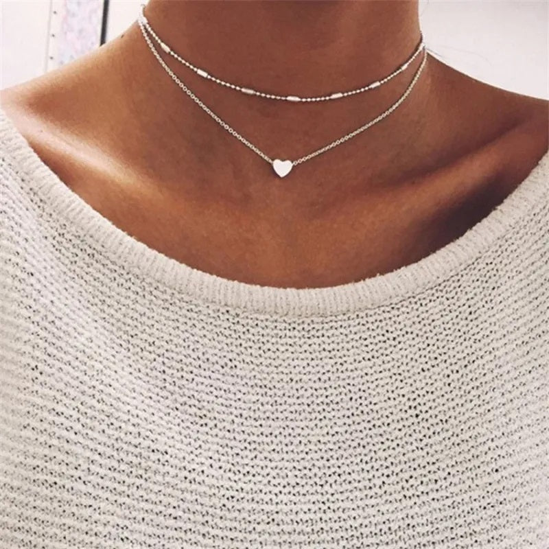 Damen Gold Silber Rund Perlenkette Herzanhänger Doppelschicht Halsketten | Shop Nory