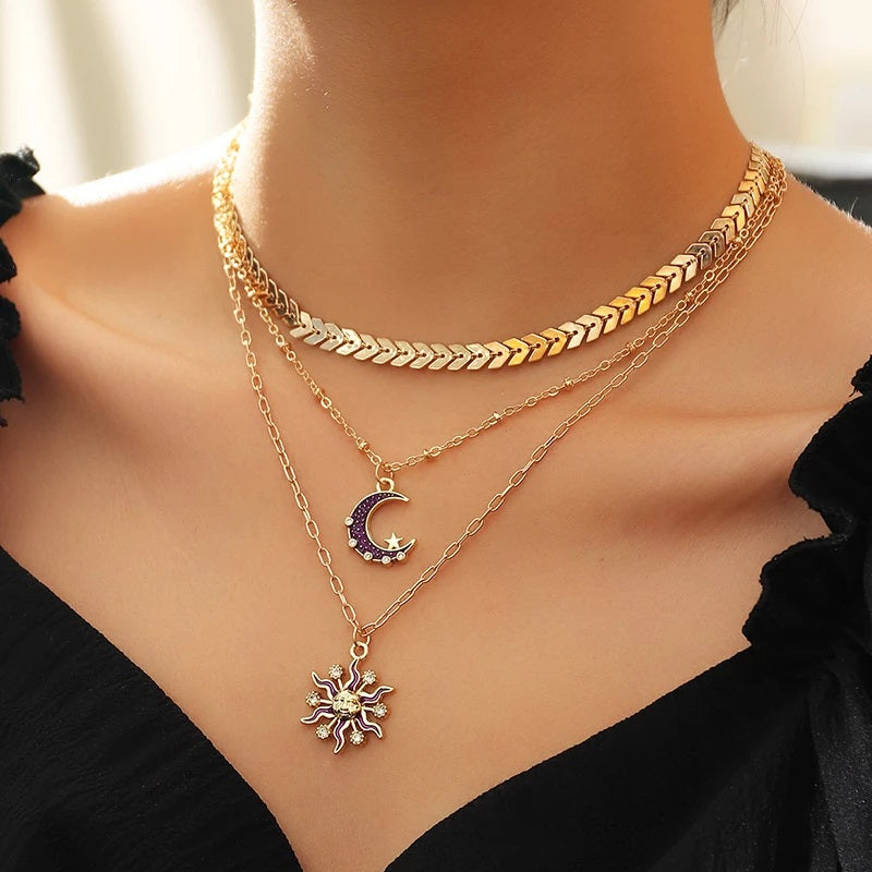 Damen Triple Layer Gold Zirkon Halb Kristall Mond Sonne Anhänger Halsketten Set | Shop Nory