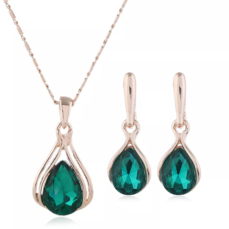 Damen Gold Wassertropfen Grüne Strass Ohrringe Anhängerkette Set | Shop Nory