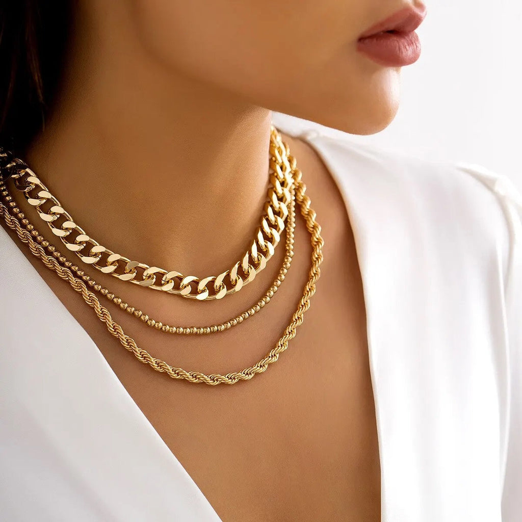 Damen Goldplattierte Triple Chunky Cuban Link Perlen Seil Ketten Sets | Shop Nory