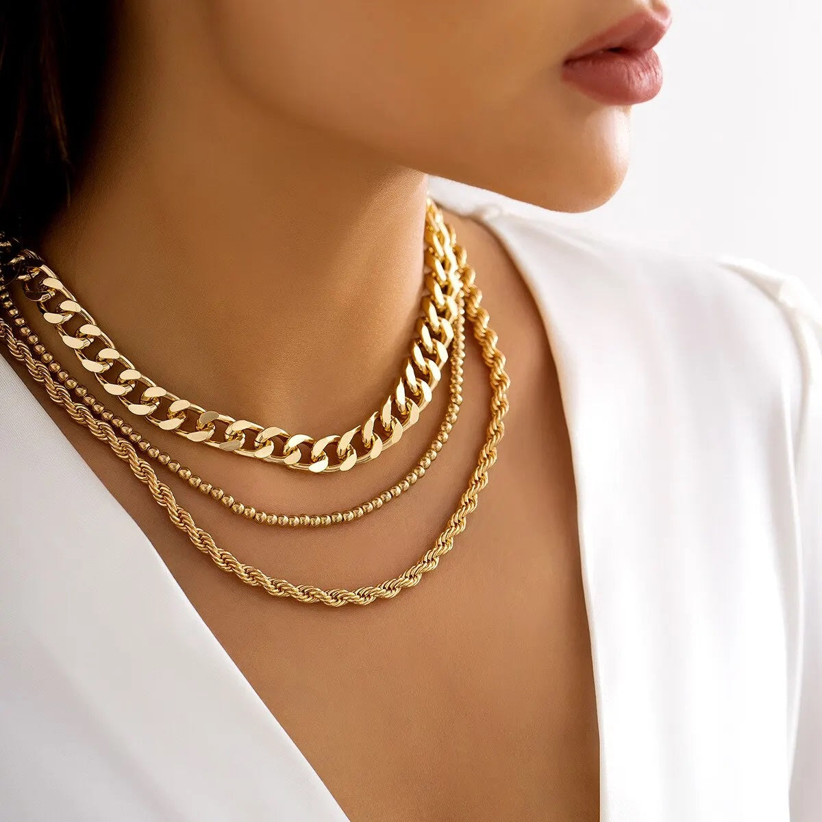Damen Goldplattierte Triple Chunky Cuban Link Perlen Seil Ketten Sets | Shop Nory