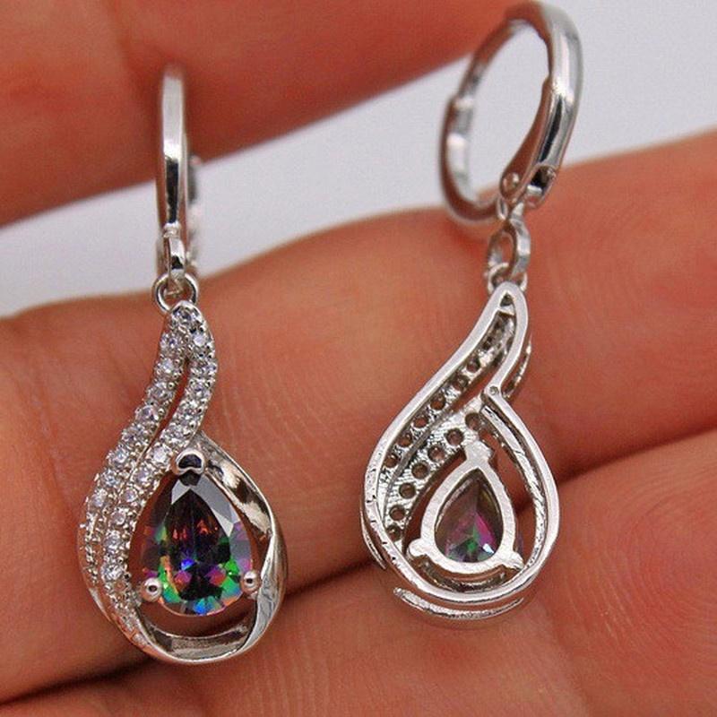 Damen Silber Kristall Regenbogen Wasser Zirkon Stein Tropfen Lange Anhänger Ohrringe | Shop Nory