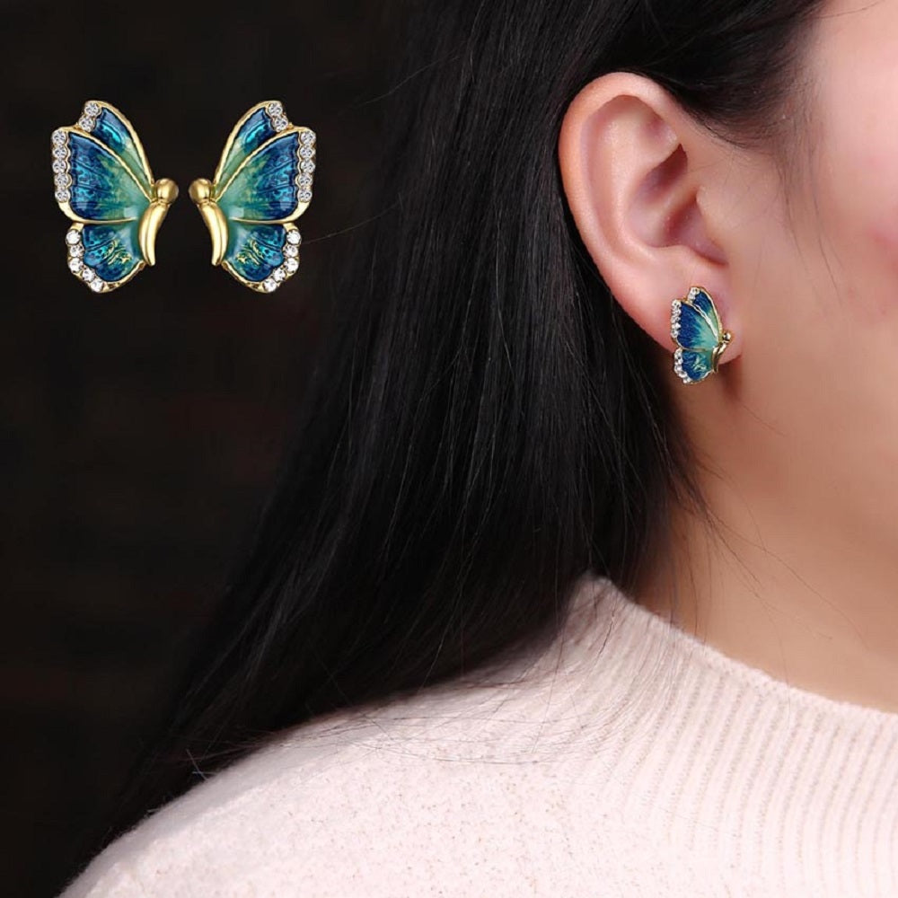 Damen Grüne Blaue Emaille Schmetterlingsflügel Weiße Kristallbesatz Ohrstecker | Shop Nory