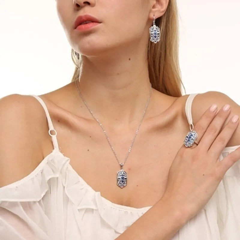 Damen Silber Weiß & Blau Kristallstein Halsketten-Set | Shop Nory