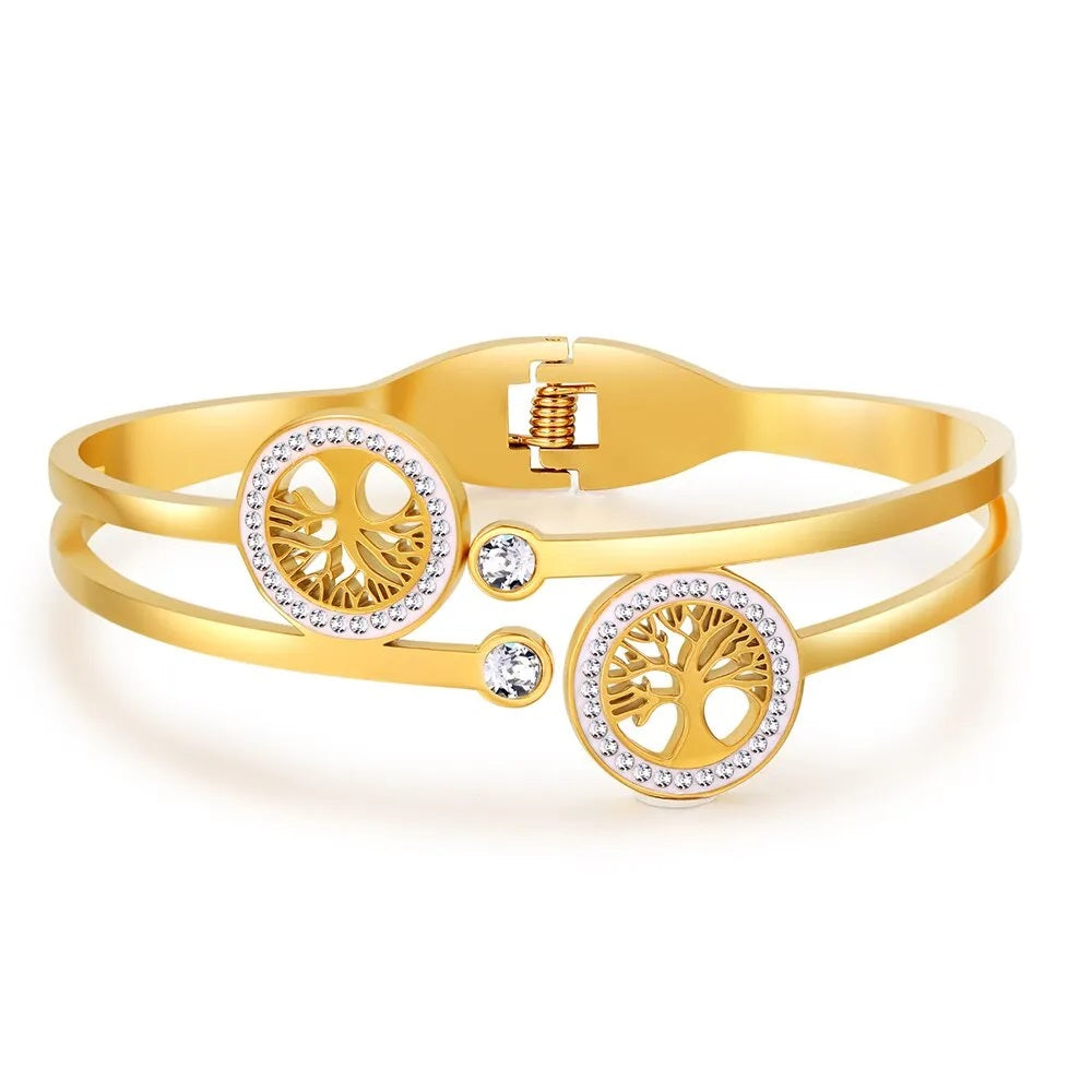 Damen Gold Luxus Edelstahl Lebensbaum Kubik-Zirkon Glücksarmband | Shop Nory