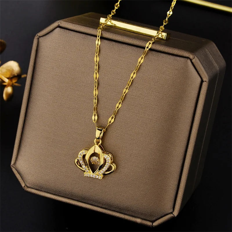 Damen Goldbeschichtete Herzschlag Kristall Anhänger Edelstahl Schlüsselbein-Ketten | Shop Nory