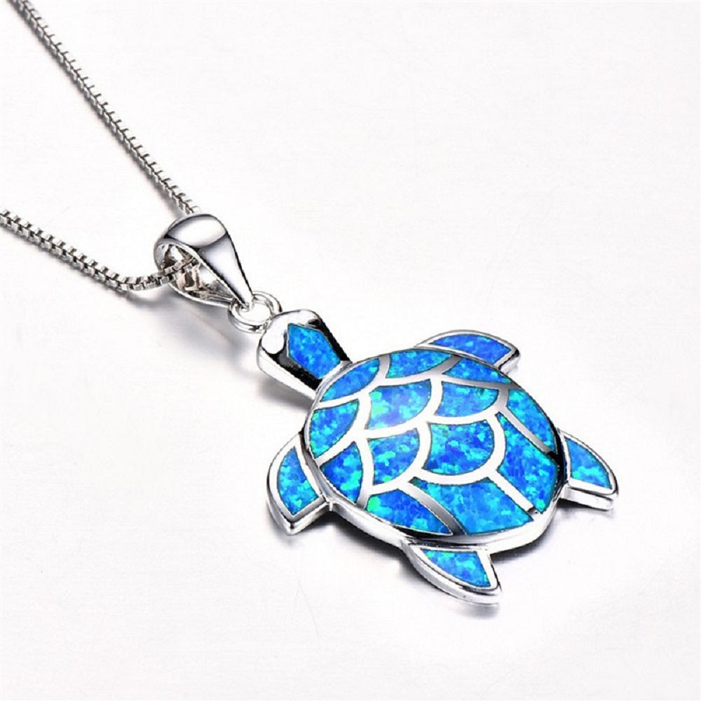 Blauer Opal Fischschuppen Schildkrötenanhänger Silberne Gliederkette Halskette | Shop Nory