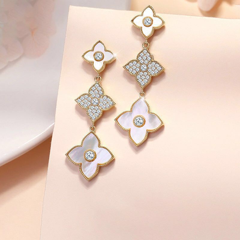 Damen Weiße Vierblättrige Kleeblatt Zirkon Kristall Anhänger Ohrstecker | Shop Nory