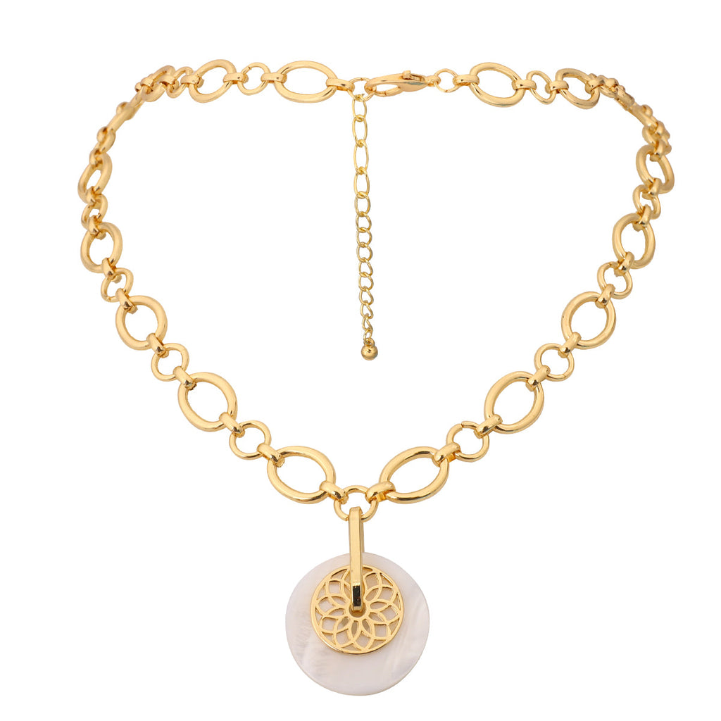 Damen Gold beschichtete runde Muschel Lotus Anhänger klobige runde Gliederkette Halskette | Shop Nory