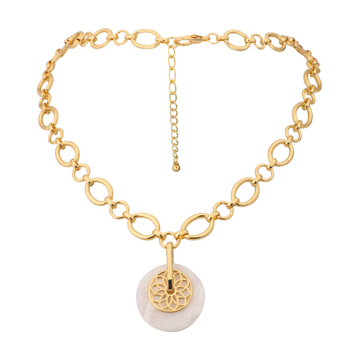 Damen Gold beschichtete runde Muschel Lotus Anhänger klobige runde Gliederkette Halskette | Shop Nory