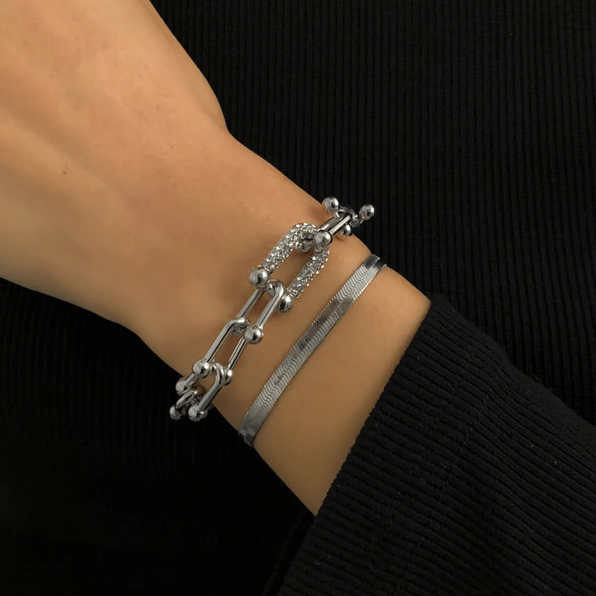 Damen Silber Kupfer Kette Interlock Link Kristall 2Stücke Armbänder | Shop Nory