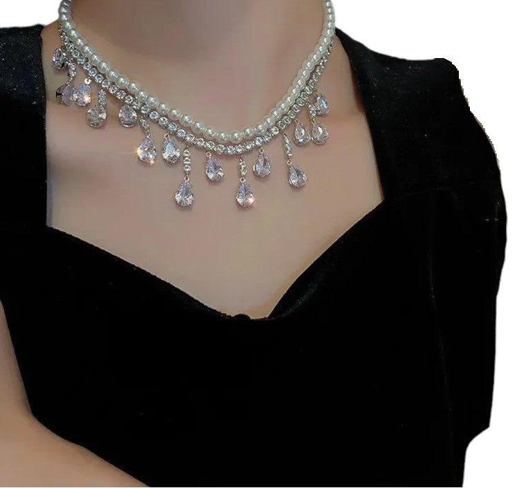 Damen Silber Strass Tropfen Kristalle Choker Mehrschichtige Perle 2Tier Halsketten | Shop Nory