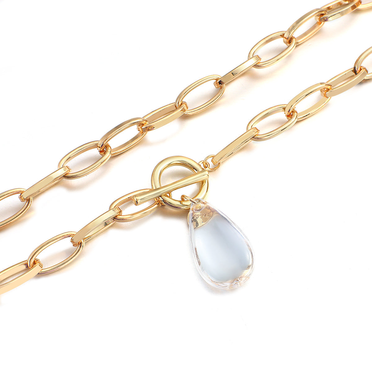 Goldbeschichtete Chunky-Link-Kette & durchsichtiger Kristall-Wassertropfen-Anhänger | Shop Nory
