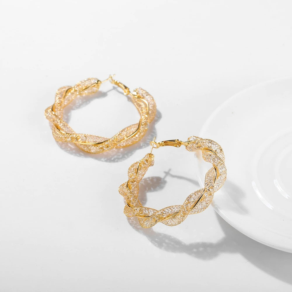 Damen Gold Runde Chunky Twist Kristall Funkelnde Hoop Ohrringe | Shop Nory