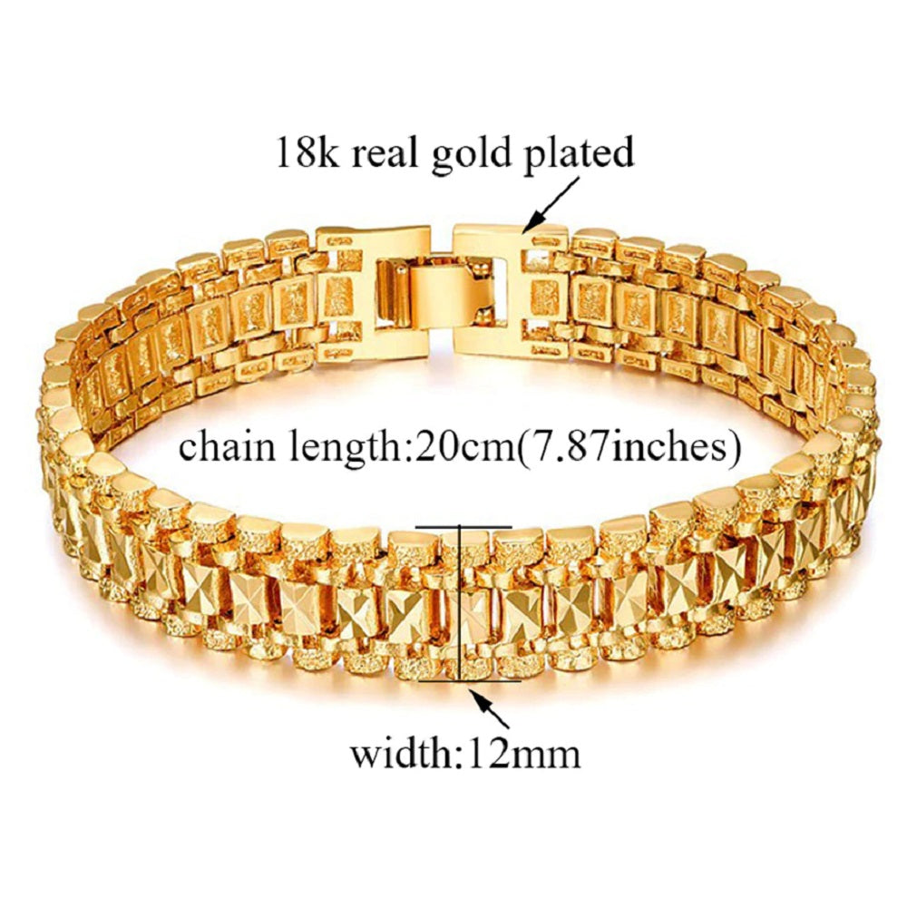Unisex 18K Gold Plated Ge carved Link Muster 7.1" Dick Geschichtete Armband | Shop Nory
