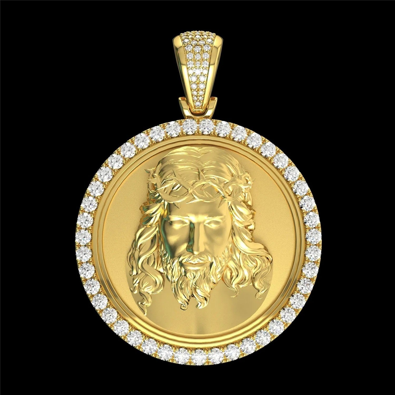 Herren Big 18K vergoldete runde Kristalle Jesus Kopf Anhänger Halskette | Shop Nory