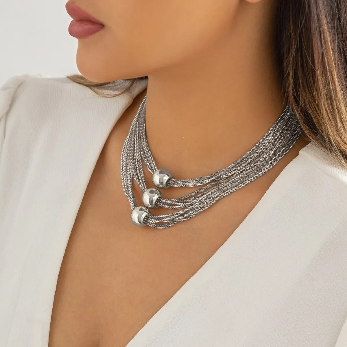 Damen Silber Runde Perlen Choker 3Tier Mehrlagige Party Halskette | Shop Nory