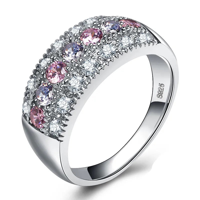 Damen 925 Sterling Silber 3 Reihen Pink & Weiß AAA Zirkon Kristalle Ringe | Shop Nory