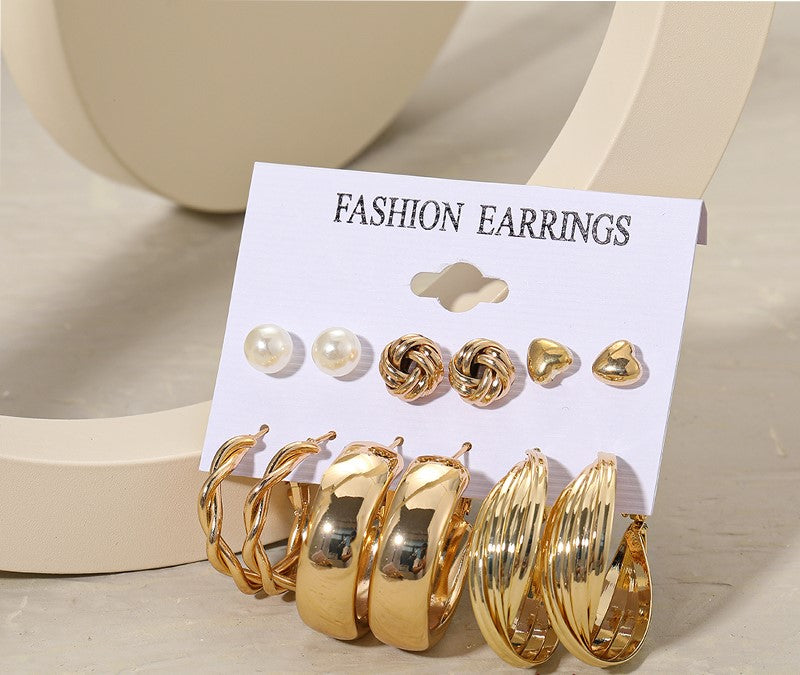 Damen Gold Glatte Dreh Hoop Faux Perlen Herz 6 Paar Ohrringe | Shop Nory