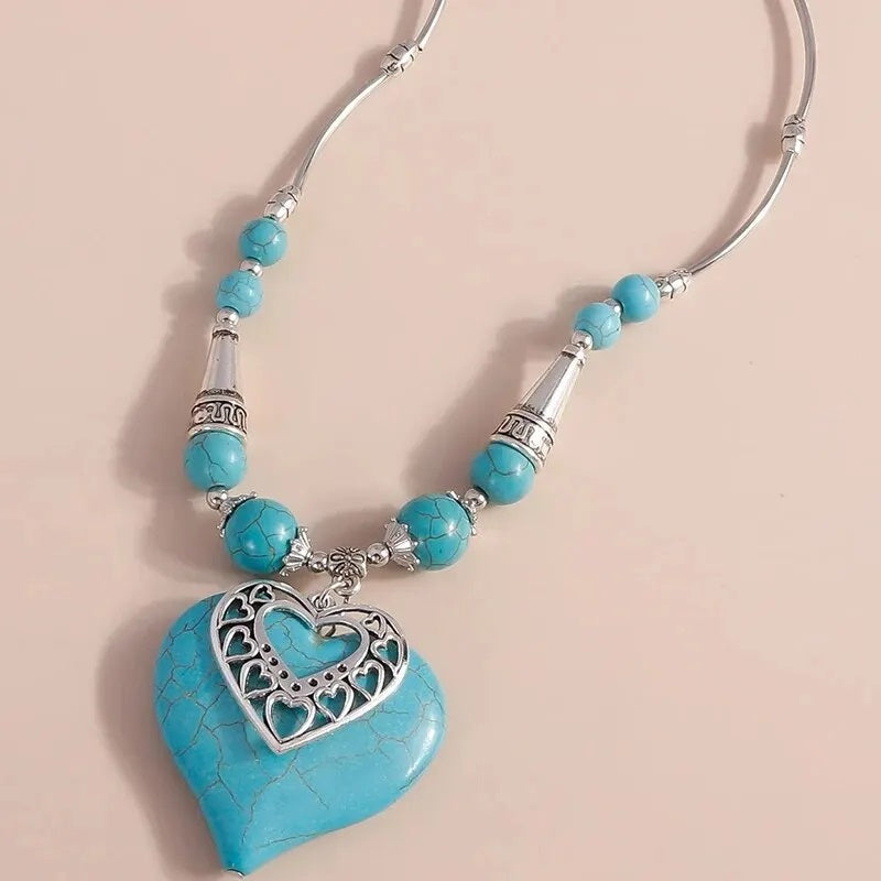 Damen Silber Türkis Perlen Herz Anhänger & Ring Set | Shop Nory