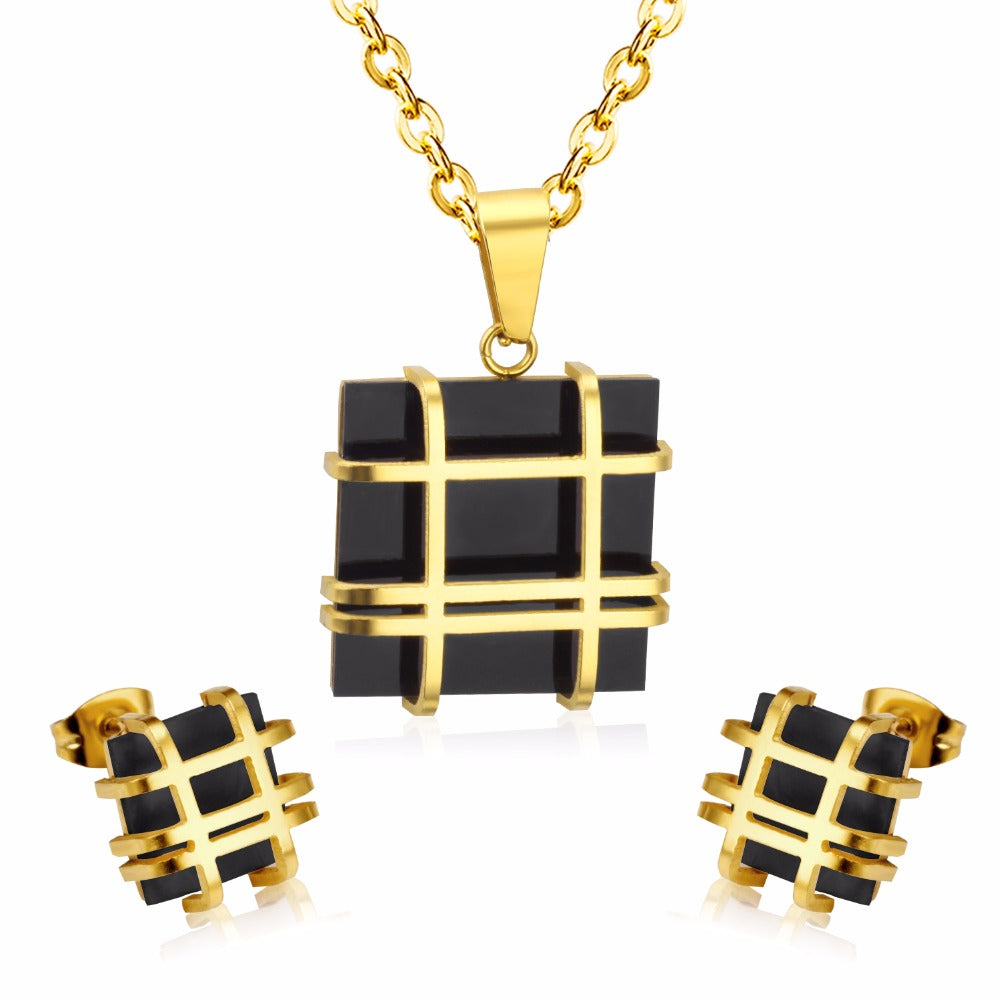 Damen Gold Silber Edelstahl Geometrie Quadrat Form Ohrringe Halskette Set | Shop Nory