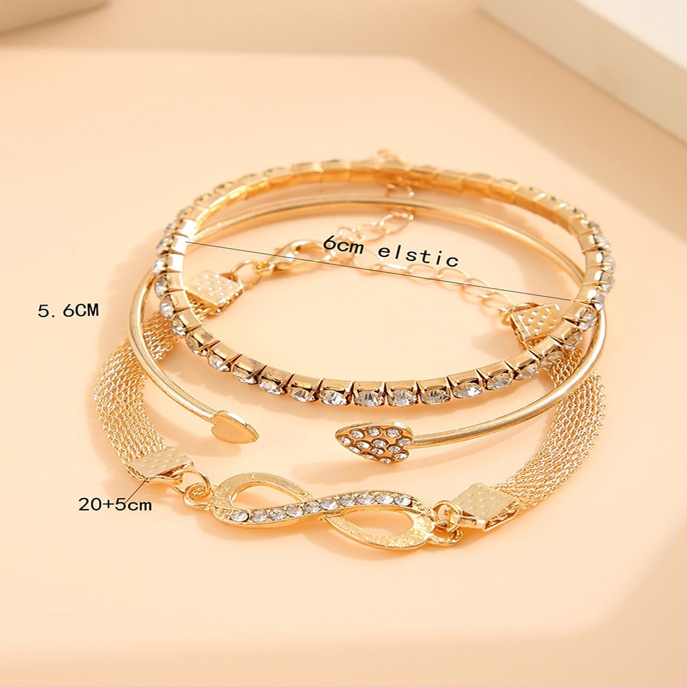 Damen Gold Minimalistisch 3 Reihen Herz Kristall Bangle Party Stil Frauen Armbänder | Shop Nory