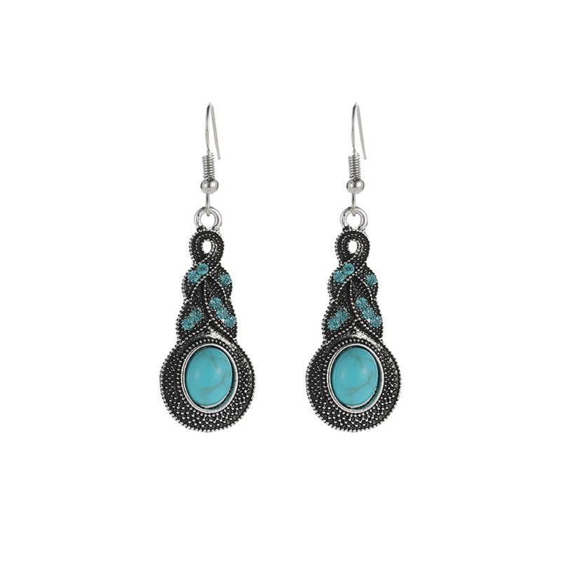Damen Ethnische Tibetische Silber Türkis Kristall Hängende Ohrringe & Halskette Set | Shop Nory