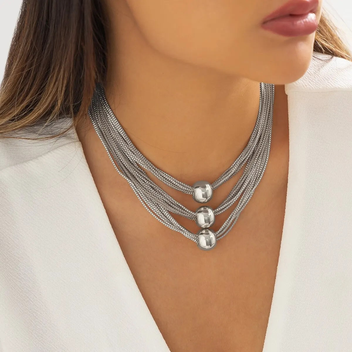 Damen Silber Runde Perlen Choker 3Tier Mehrlagige Party Halskette | Shop Nory