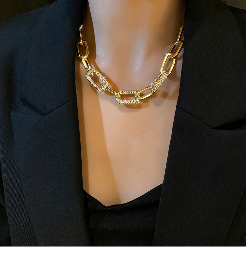 Damen Gold Silber Dick Rechteckige Gliederkette Kristall Choker Halskette | Shop Nory