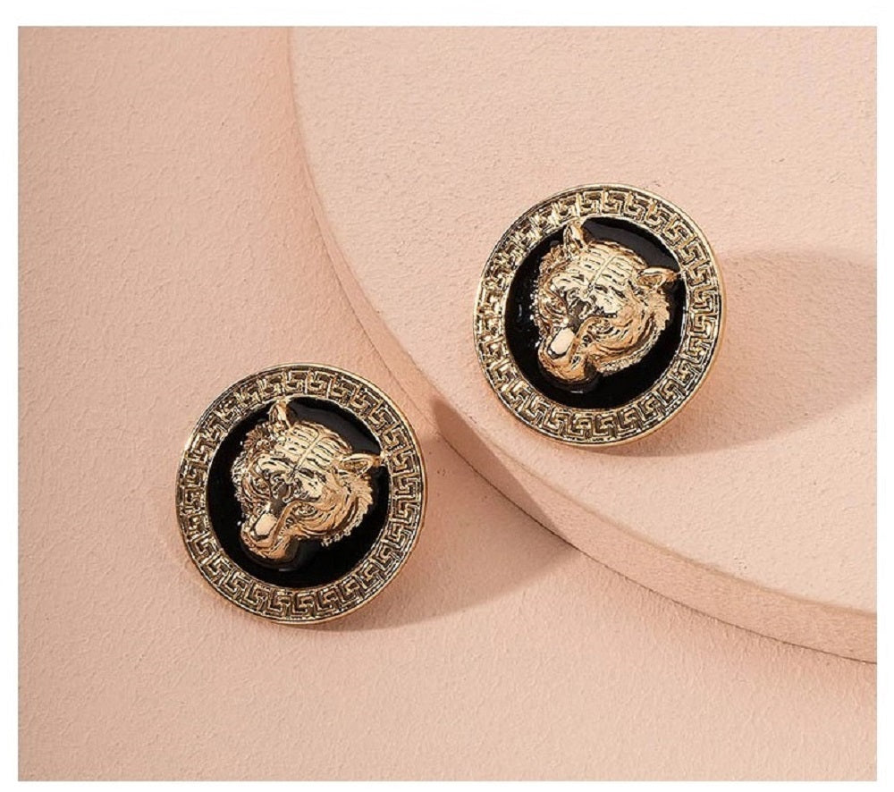 Damen vergoldete Tigerkopf Anhänger Stecker Ohrringe | Shop Nory