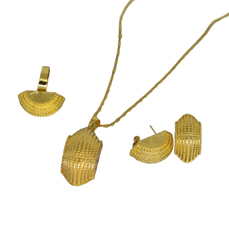 Damen Gold Bold Half Shell Einzigartiger Schnitt Anhänger Ohrringe Twirl Kette Halskette Set | Shop Nory
