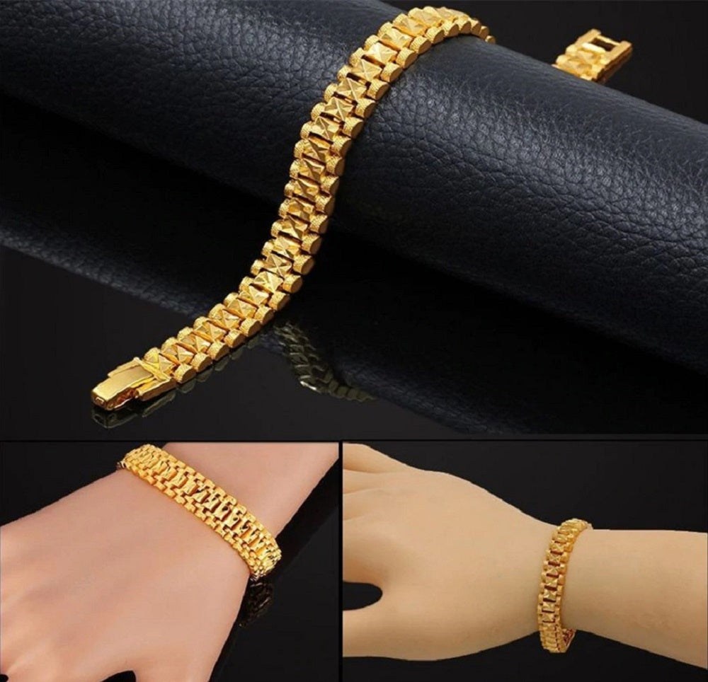 Unisex 18K Gold Plated Ge carved Link Muster 7.1" Dick Geschichtete Armband | Shop Nory