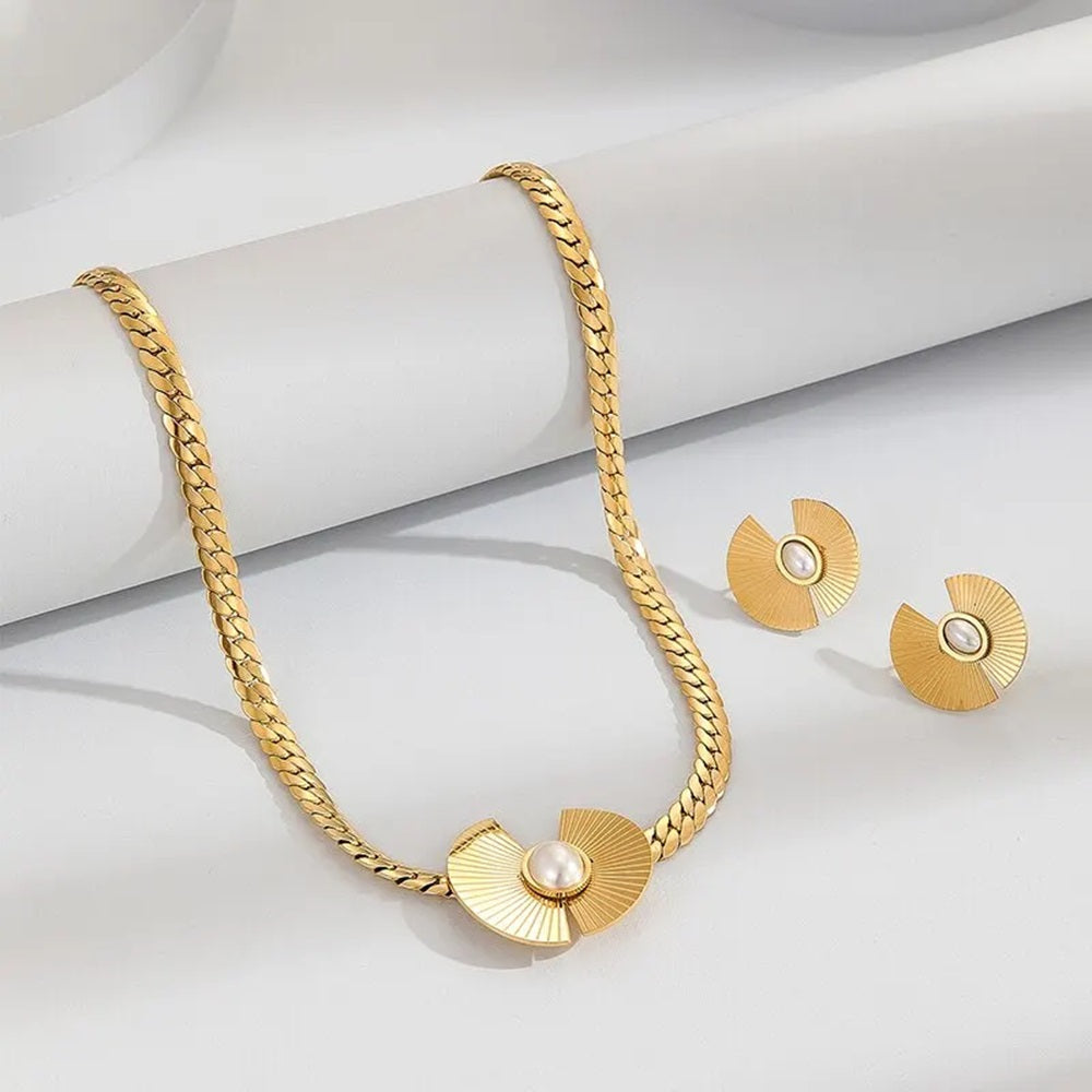 Damen Gold Fan Design Perlenmitte Ohrringe Choker Party Halskette Set | Shop Nory