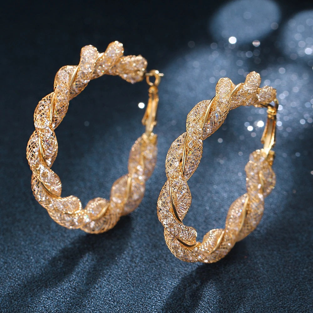Damen Gold Runde Chunky Twist Kristall Funkelnde Hoop Ohrringe | Shop Nory