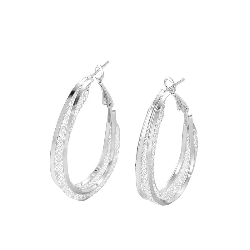 Damen Silber Oval Chunky Mesh Geschichtete Innere Kristalle Creolen Ohrringe | Shop Nory