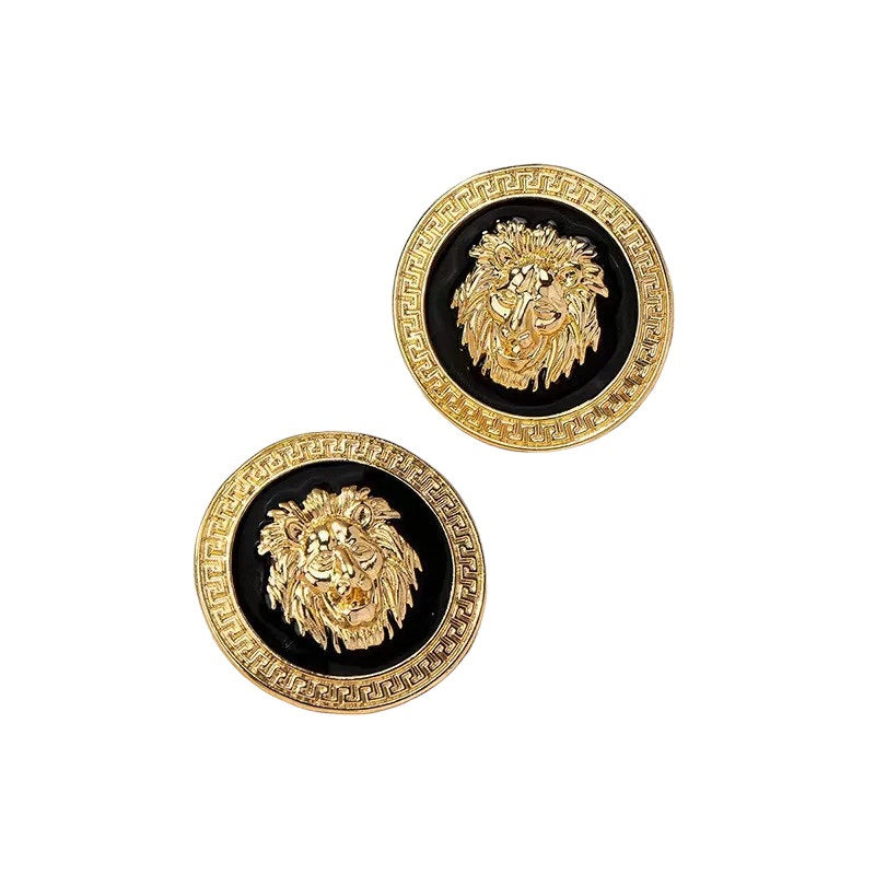 Damen 18K Gold Runde Kleine Löwenkopf Große Mauer Emaille Stecker Ohrringe | Shop Nory