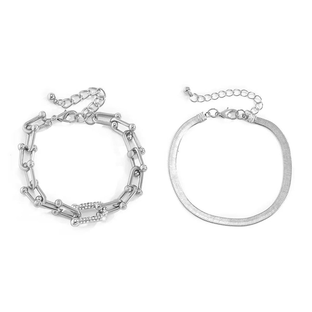 Damen Silber Kupfer Kette Interlock Link Kristall 2Stücke Armbänder | Shop Nory