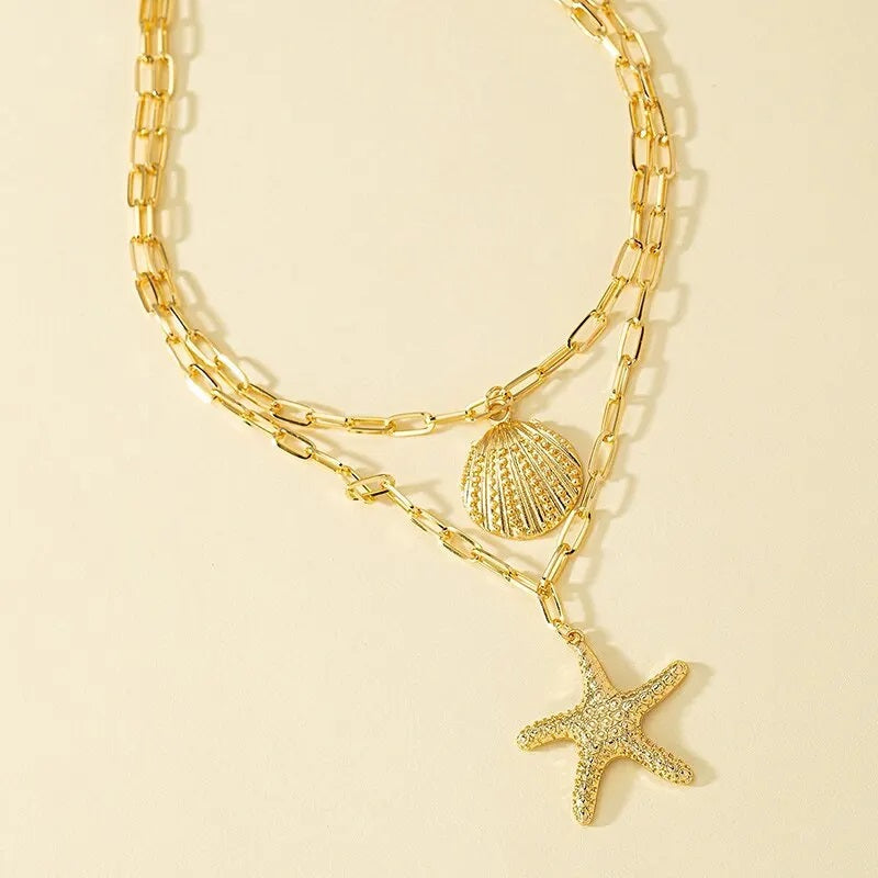Damen Gold Beschichtete 2 Schichten Seestern Muschel Anhänger Gliederkette Halskette | Shop Nory