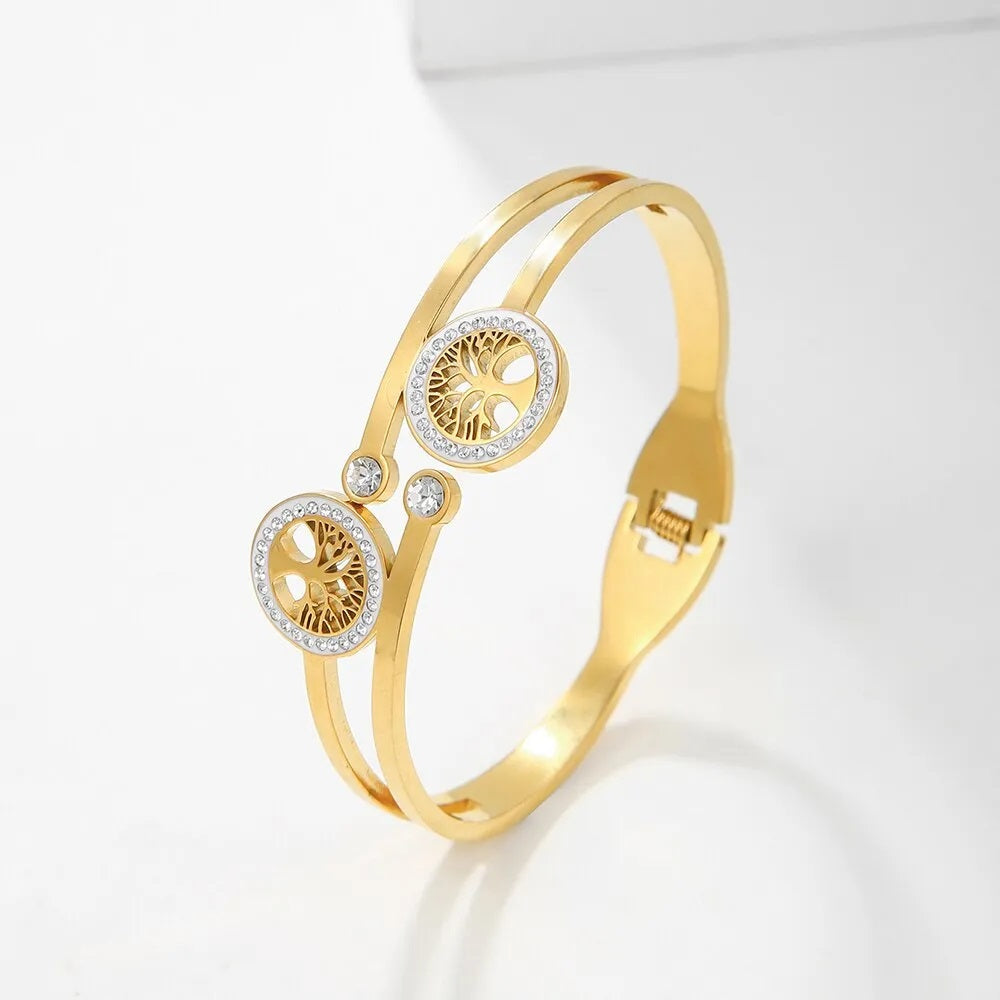 Damen Gold Luxus Edelstahl Lebensbaum Kubik-Zirkon Glücksarmband | Shop Nory