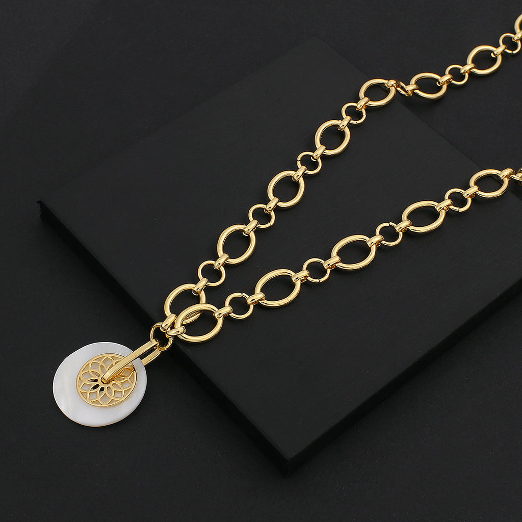 Damen Gold beschichtete runde Muschel Lotus Anhänger klobige runde Gliederkette Halskette | Shop Nory
