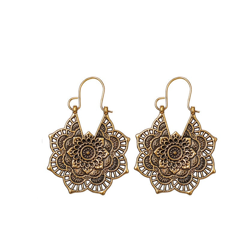 Damen Gold Vintage Tribal Messing Mandala Biene Blume Ausgeschnittene Haken Ohrringe | Shop Nory