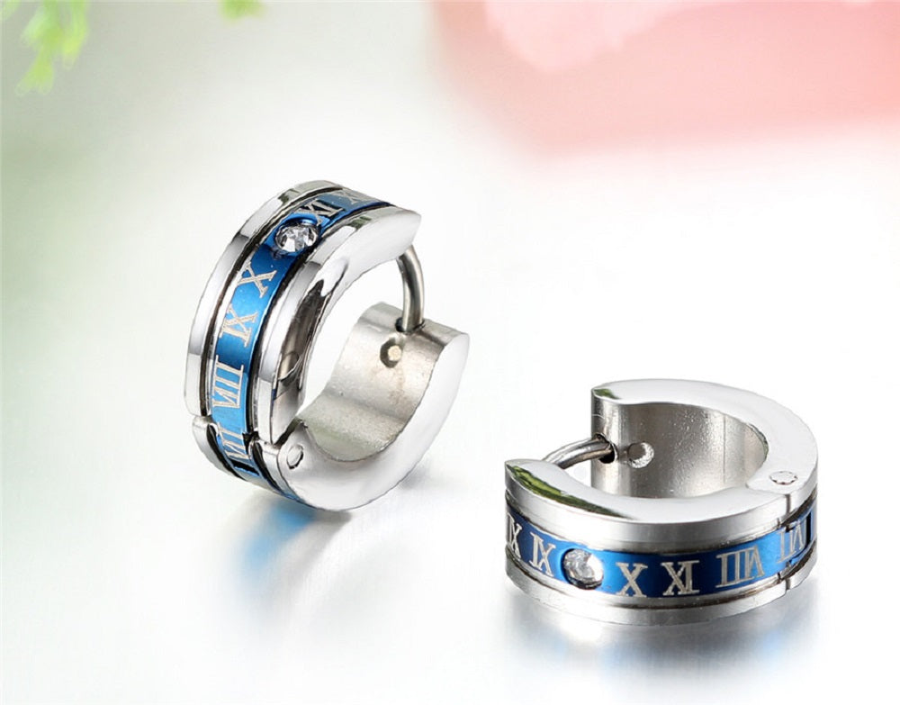 Unisex Silber & Blau Abschlüsse Kristall Römische Ziffern Stahl Anti-Allergisch Ohrstecker | Shop Nory