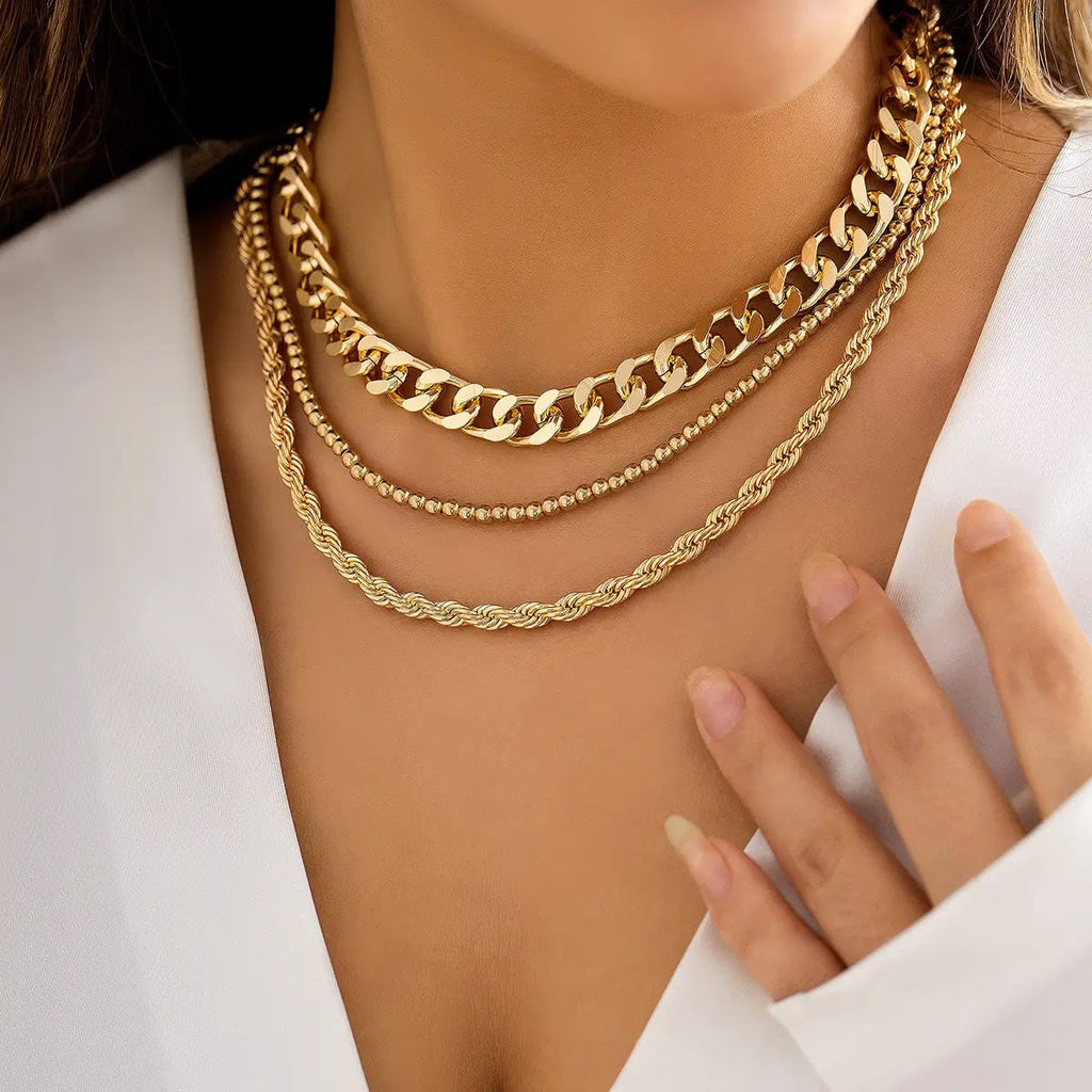Damen Goldplattierte Triple Chunky Cuban Link Perlen Seil Ketten Sets | Shop Nory