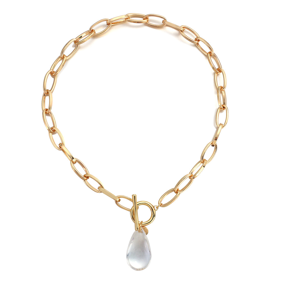 Goldbeschichtete Chunky-Link-Kette & durchsichtiger Kristall-Wassertropfen-Anhänger | Shop Nory