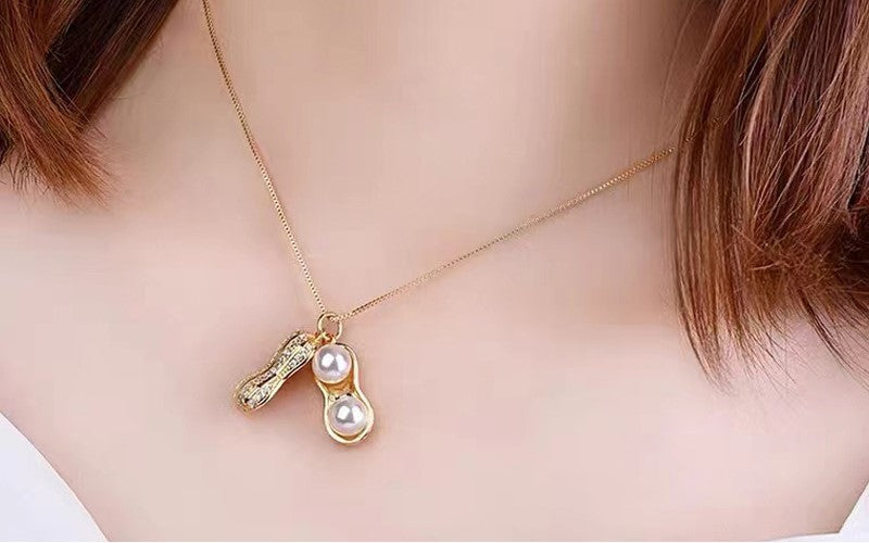Unisex Gold Simulierte Perlen Erdnuss Mit Kristallen Link Halskette Set | Shop Nory