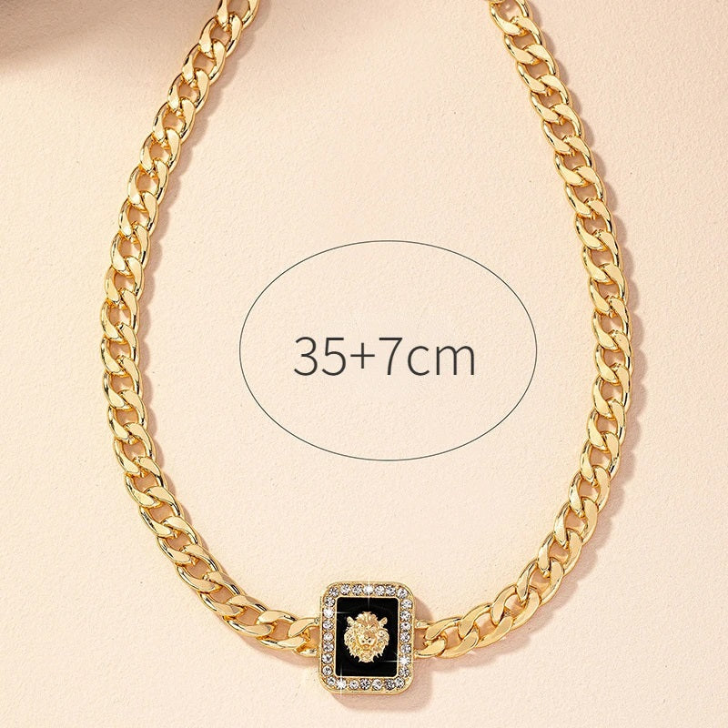 Damen Gold Löwenkopf Kristall Quadrat Anhänger Chunky Link Ketten Halsketten | Shop Nory
