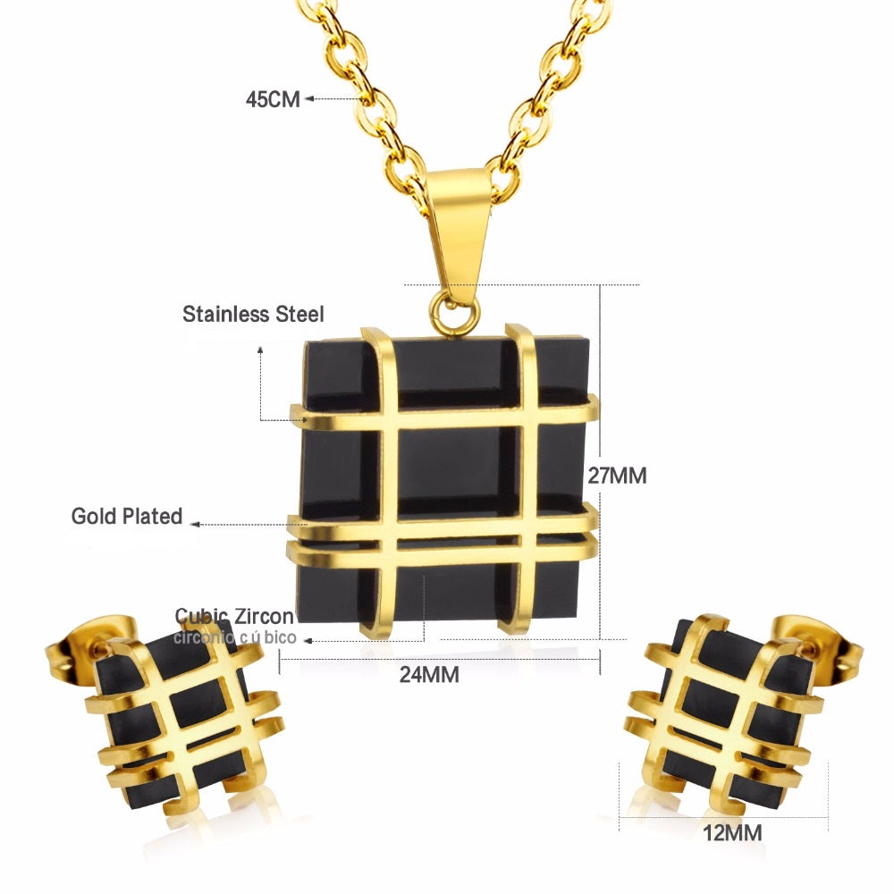 Damen Gold Silber Edelstahl Geometrie Quadrat Form Ohrringe Halskette Set | Shop Nory