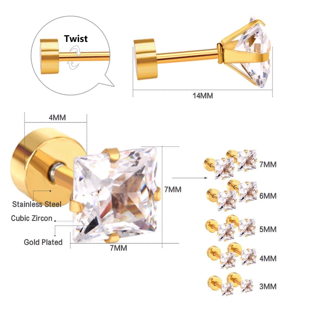Unisex vergoldete hypoallergene quadratische CZ-Kristalle Schraubverschluss Ohrstecker | Shop Nory