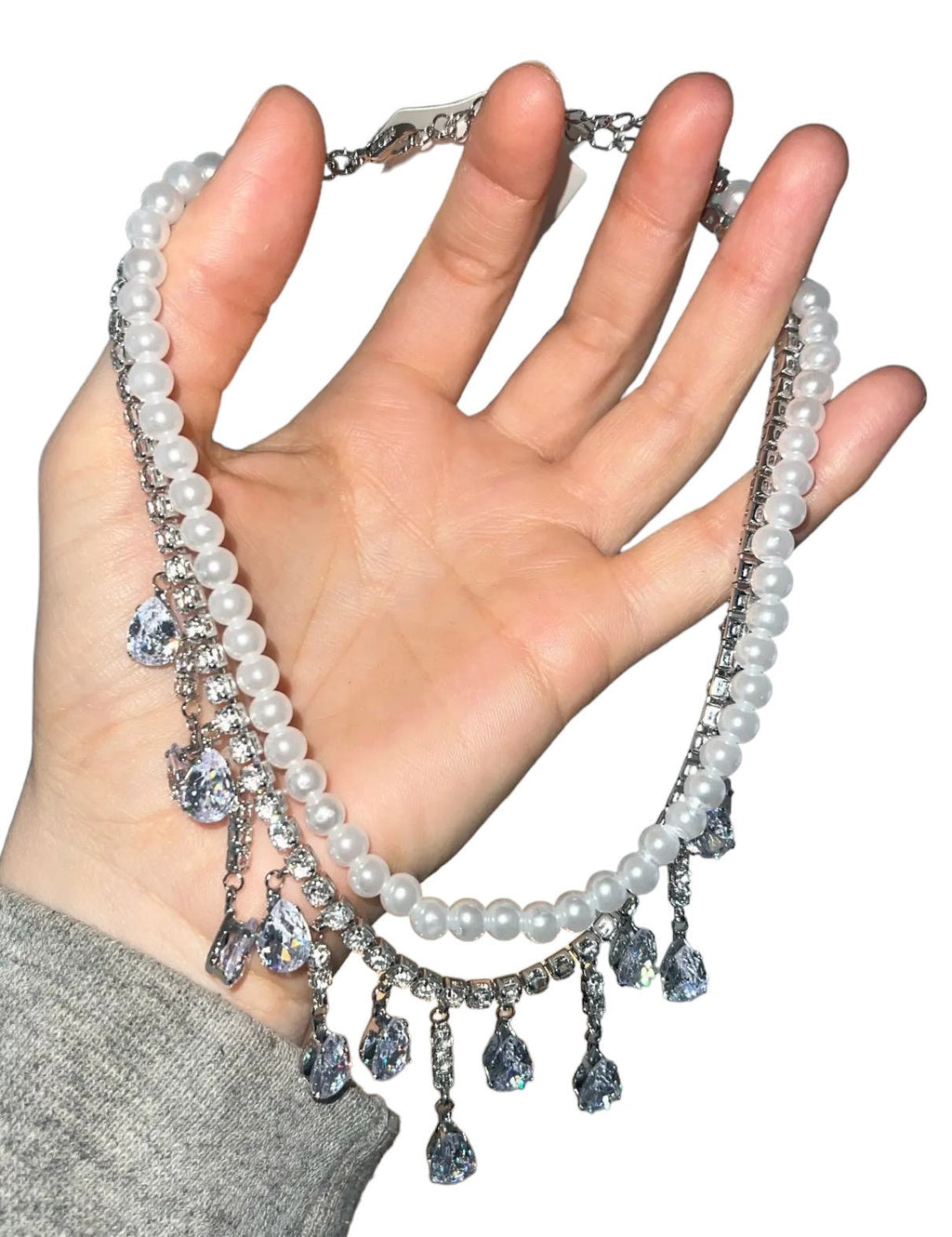 Damen Silber Strass Tropfen Kristalle Choker Mehrschichtige Perle 2Tier Halsketten | Shop Nory